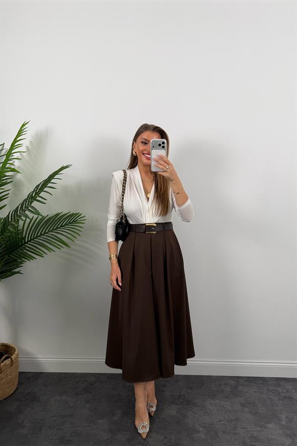 Premium Seri Kemerli Poliviskon Maxi Etek Acı Kahve