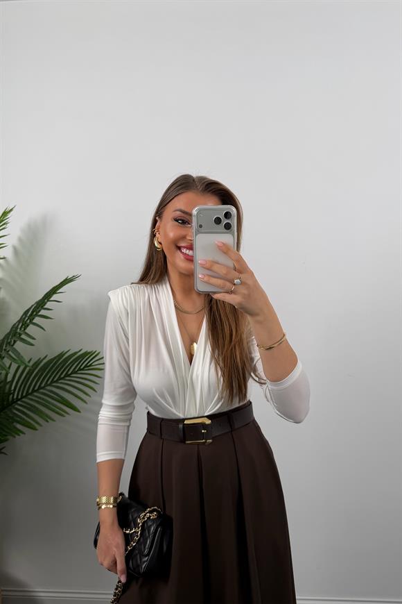 Premium Seri Kemerli Poliviskon Maxi Etek Acı Kahve