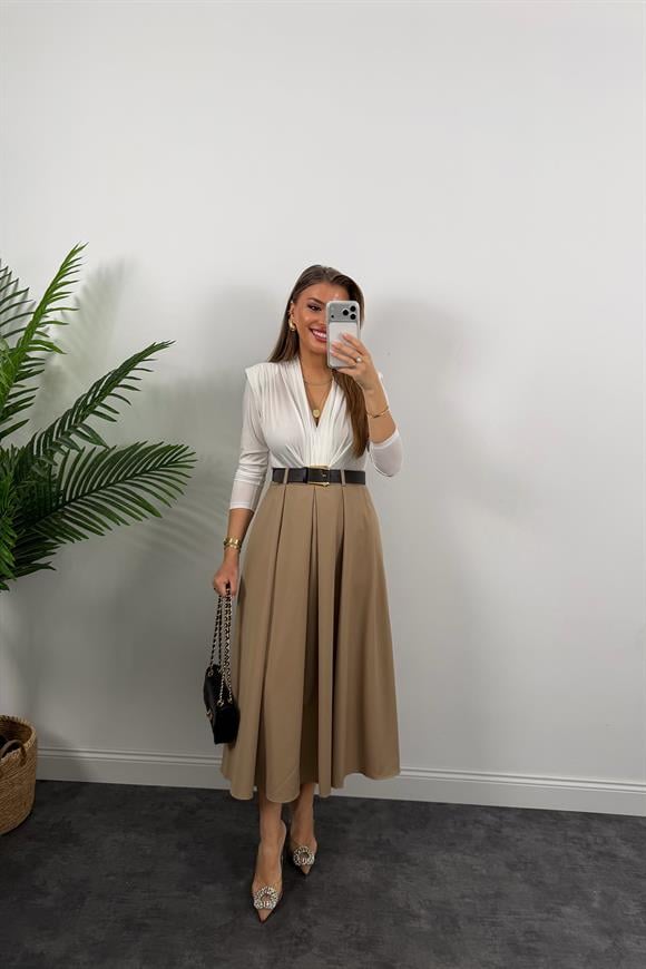 Premium Seri Kemerli Poliviskon Maxi Etek Camel