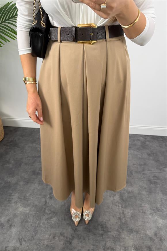 Premium Seri Kemerli Poliviskon Maxi Etek Camel