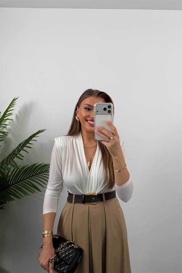 Premium Seri Kemerli Poliviskon Maxi Etek Camel