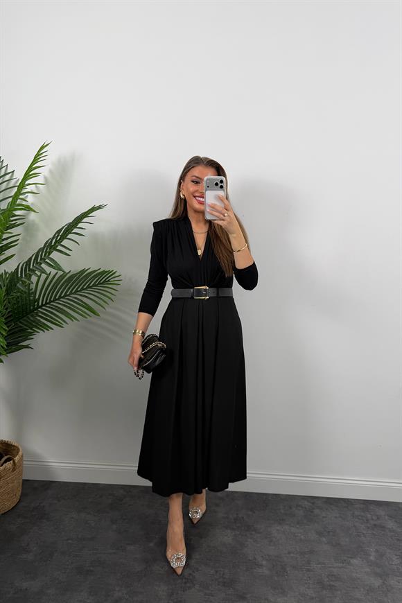 Premium Seri Kemerli Poliviskon Maxi Etek Siyah
