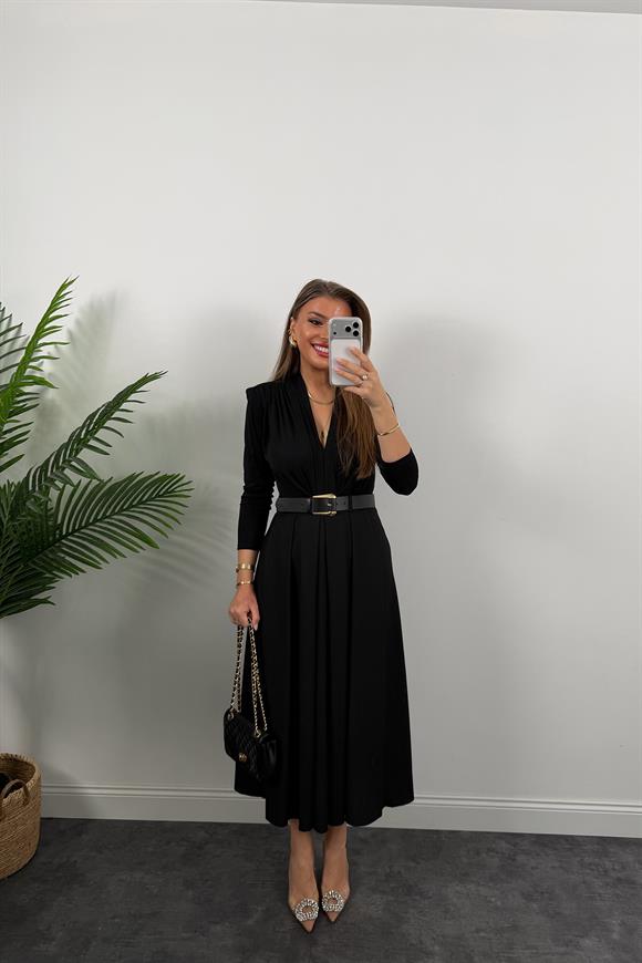 Premium Seri Kemerli Poliviskon Maxi Etek Siyah