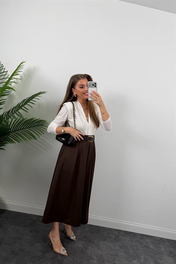 Premium Seri Kemerli Poliviskon Maxi Etek Acı Kahve