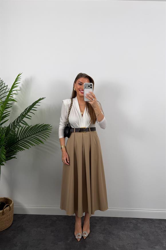 Premium Seri Kemerli Poliviskon Maxi Etek Camel