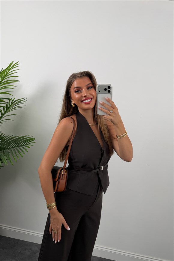 Premium Seri Kemerli Yelek Palazzo Takım Koyu Kahve