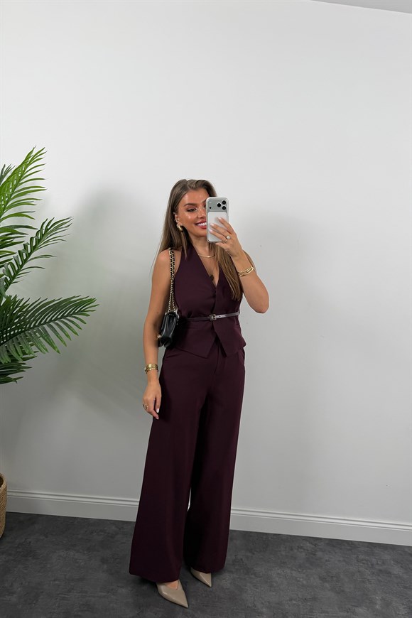 Premium Seri Kemerli Yelek Palazzo Takım Mürdüm