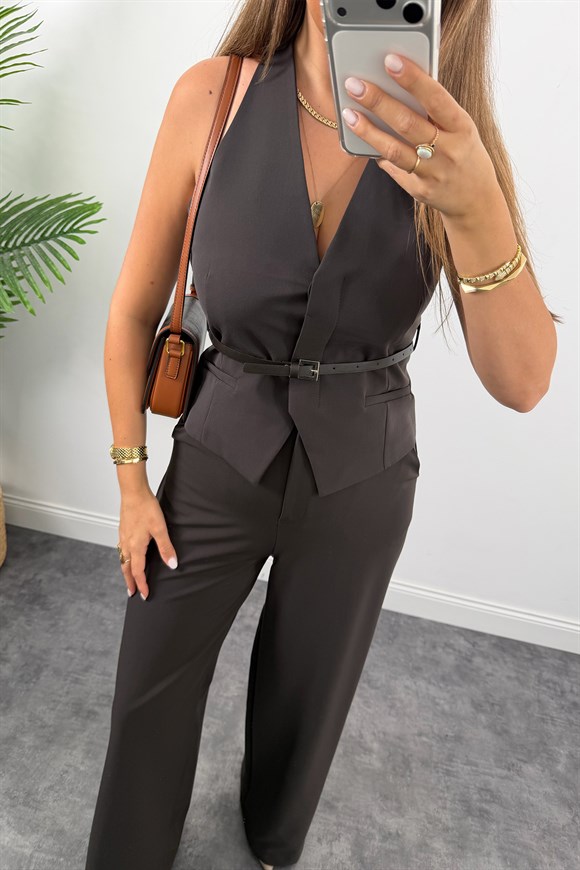 Premium Seri Kemerli Yelek Palazzo Takım Koyu Kahve