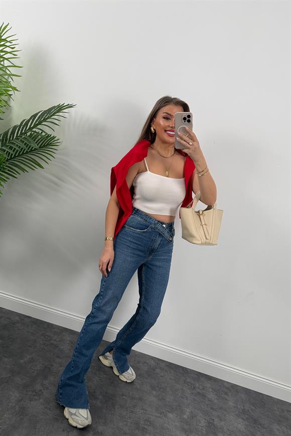 Premium Seri Kemerli Yırtmaçlı Yüksek Bel Cool Jean