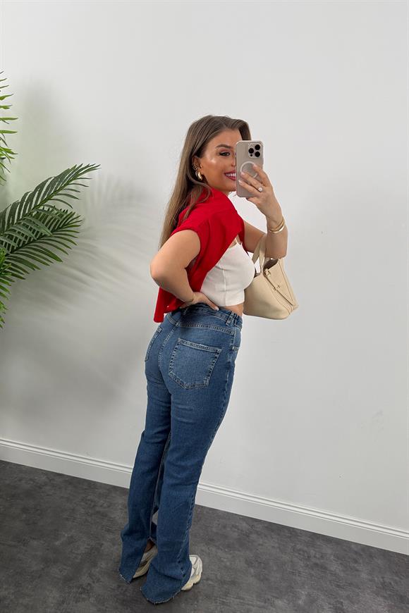 Premium Seri Kemerli Yırtmaçlı Yüksek Bel Cool Jean