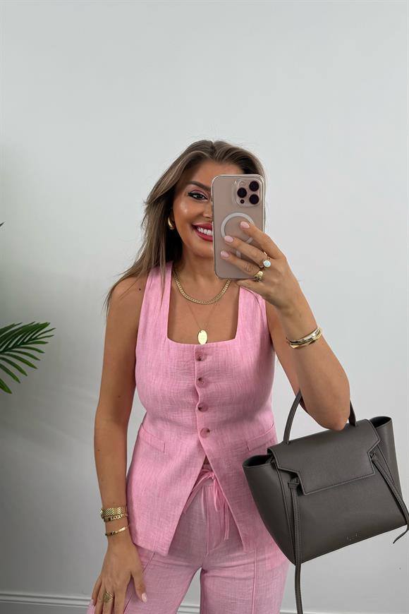 Premium Seri Kemik Düğmeli Yelek Palazzo Keten Takım Pembe