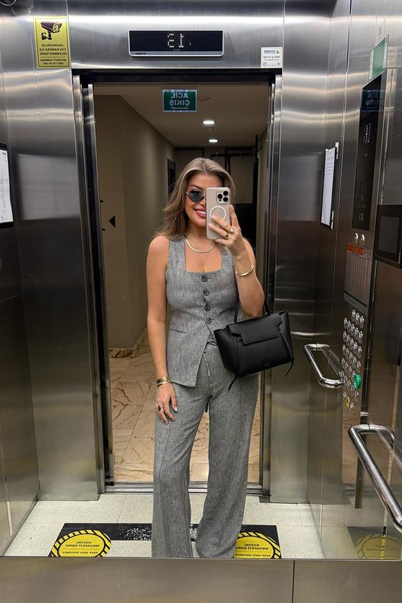 Premium Seri Kemik Düğmeli Yelek Palazzo Keten Takım Gri