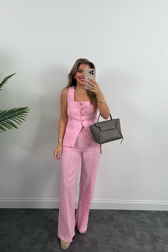 Premium Seri Kemik Düğmeli Yelek Palazzo Keten Takım Pembe