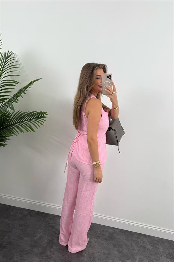 Premium Seri Kemik Düğmeli Yelek Palazzo Keten Takım Pembe