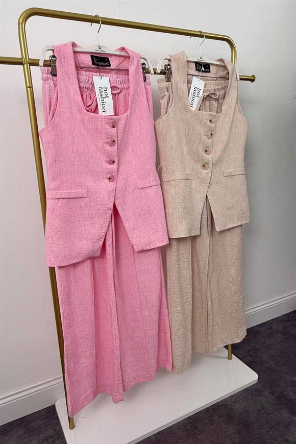 Premium Seri Kemik Düğmeli Yelek Palazzo Keten Takım Pembe