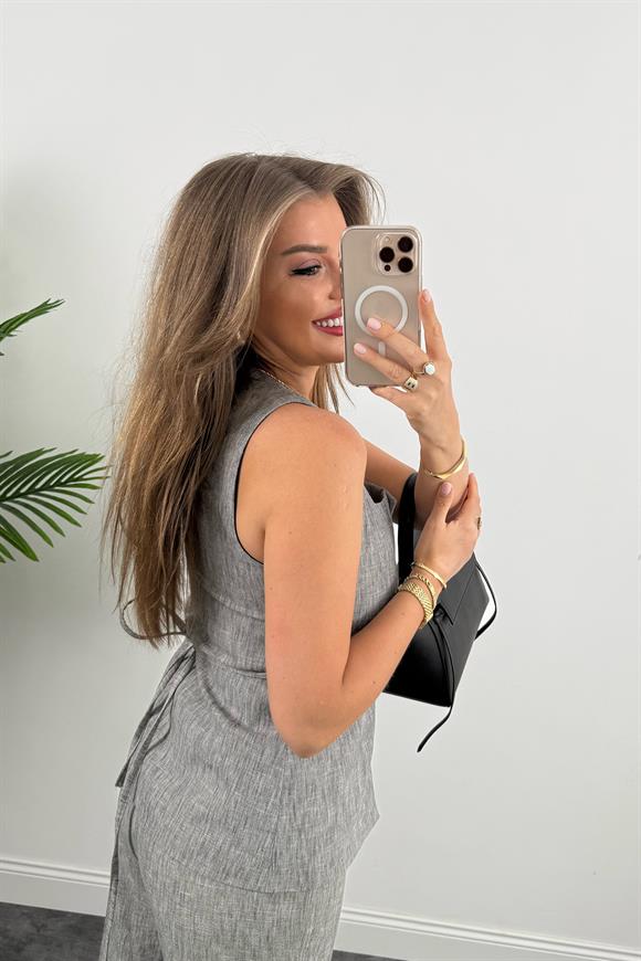 Premium Seri Kemik Düğmeli Yelek Palazzo Keten Takım Gri