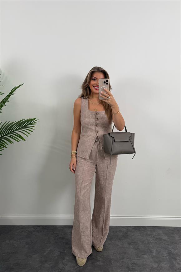 Premium Seri Kemik Düğmeli Yelek Palazzo Keten Takım Vizon