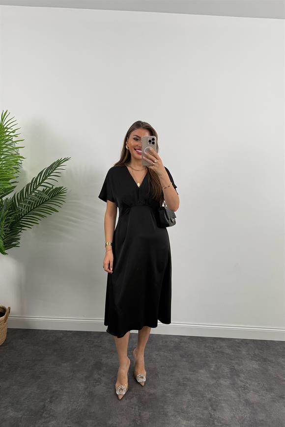 Premium Seri Kimono Kol Tok Saten Midi Boy Dökümlü Elbise Siyah