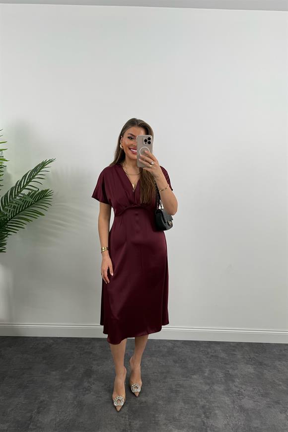 Premium Seri Kimono Kol Tok Saten Midi Boy Dökümlü Elbise Bordo