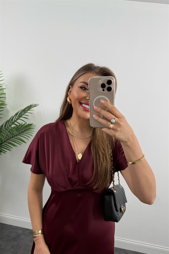 Premium Seri Kimono Kol Tok Saten Midi Boy Dökümlü Elbise Bordo