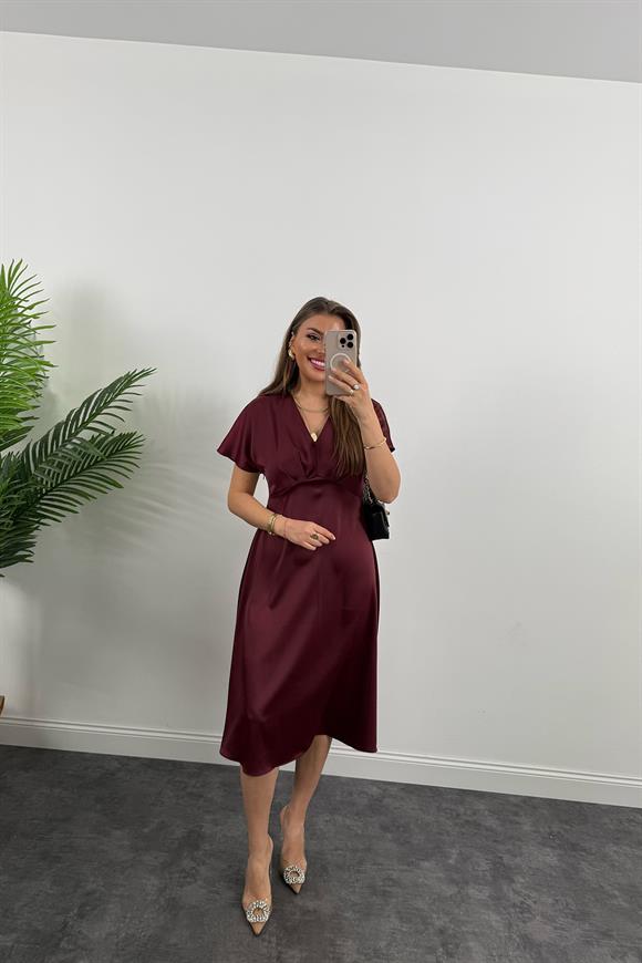Premium Seri Kimono Kol Tok Saten Midi Boy Dökümlü Elbise Bordo