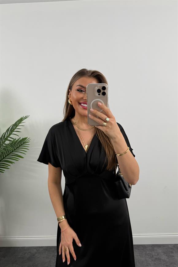 Premium Seri Kimono Kol Tok Saten Midi Boy Dökümlü Elbise Siyah