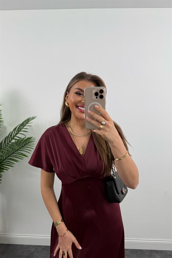 Premium Seri Kimono Kol Tok Saten Midi Boy Dökümlü Elbise Bordo