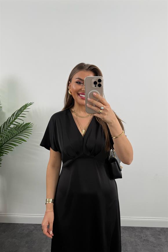Premium Seri Kimono Kol Tok Saten Midi Boy Dökümlü Elbise Siyah