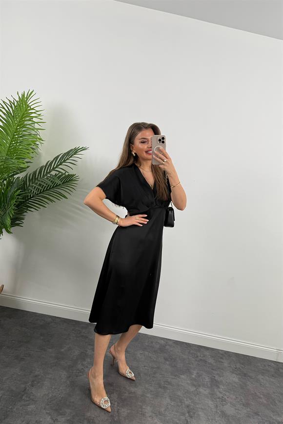 Premium Seri Kimono Kol Tok Saten Midi Boy Dökümlü Elbise Siyah