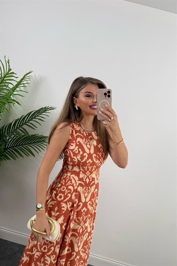 Premium Seri Kiremit Desenli Maxi Kloş Elbise