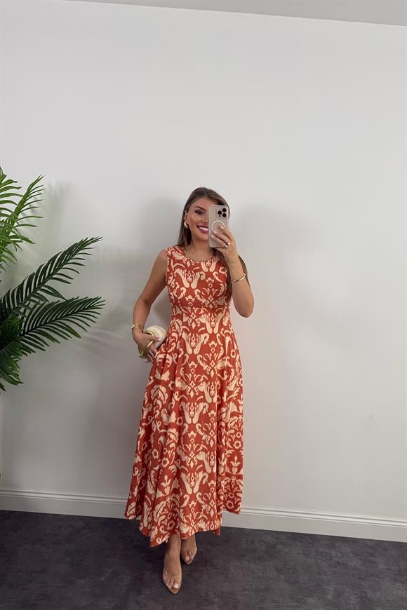 Premium Seri Kiremit Desenli Maxi Kloş Elbise
