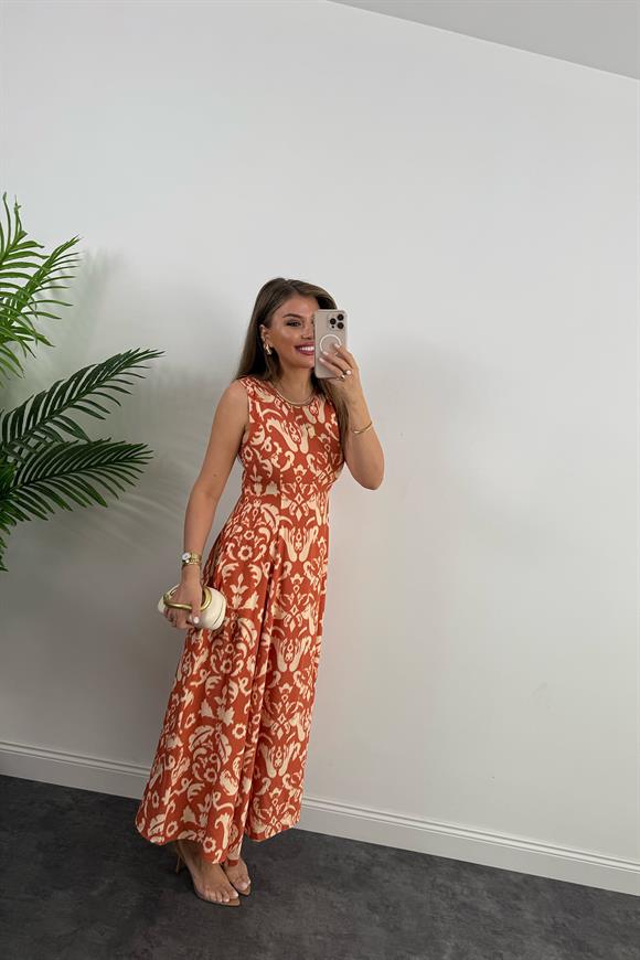 Premium Seri Kiremit Desenli Maxi Kloş Elbise