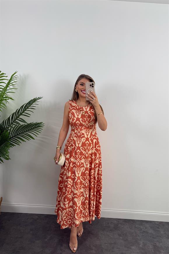 Premium Seri Kiremit Desenli Maxi Kloş Elbise