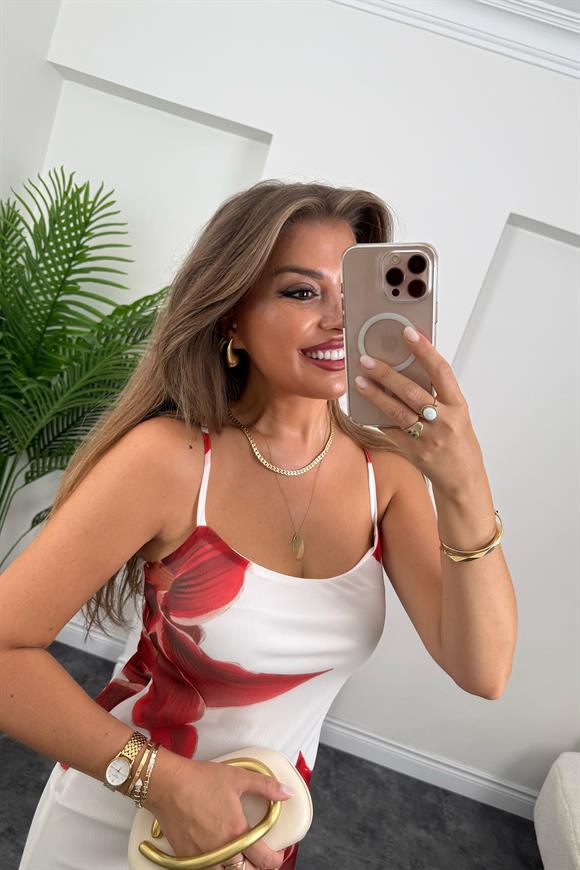 Premium Seri Kırmızı Beyaz Çiçekli Likralı Maxi Tül Elbise