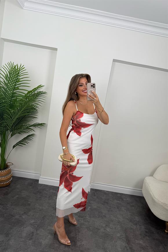 Premium Seri Kırmızı Beyaz Çiçekli Likralı Maxi Tül Elbise