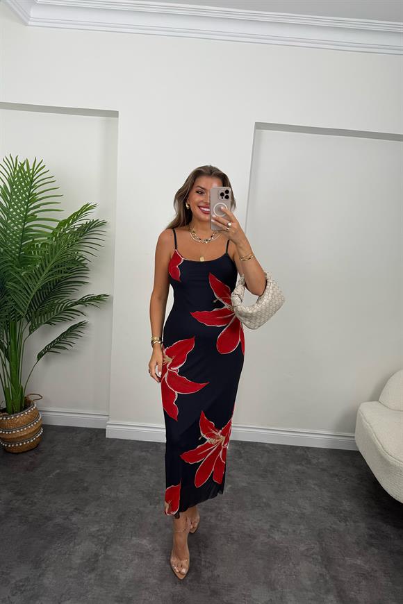 Premium Seri Kırmızı Çiçekli Likralı Maxi Tül Elbise