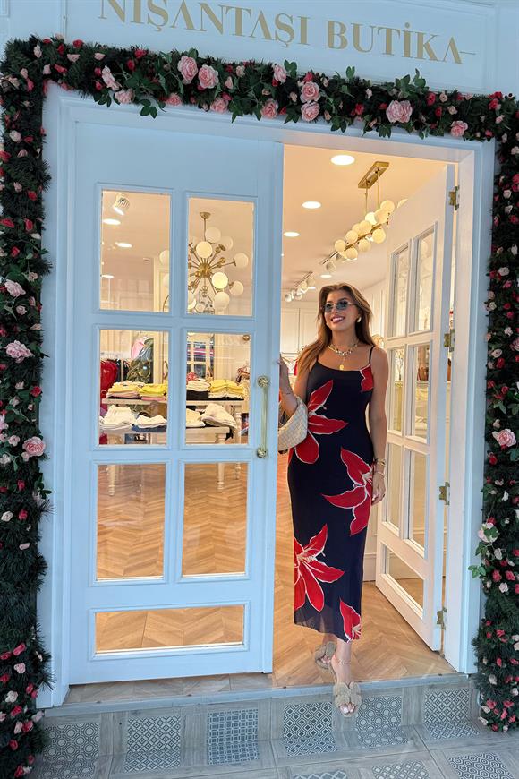 Premium Seri Kırmızı Çiçekli Likralı Maxi Tül Elbise