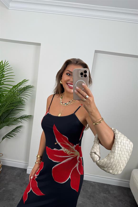 Premium Seri Kırmızı Çiçekli Likralı Maxi Tül Elbise