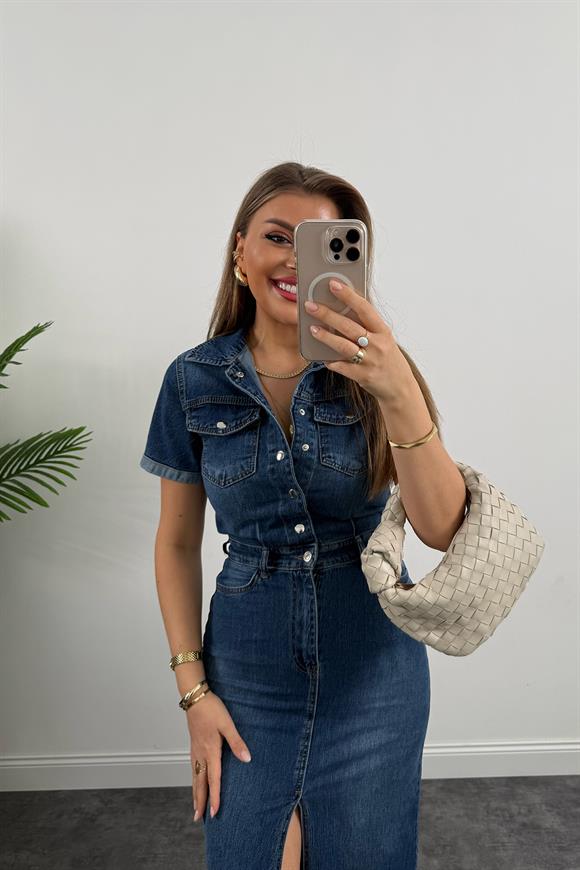 Premium Seri Kısa Kol Midi Boy Jean Elbise