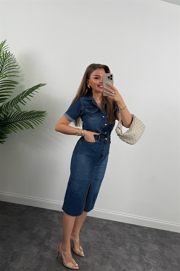 Premium Seri Kısa Kol Midi Boy Jean Elbise