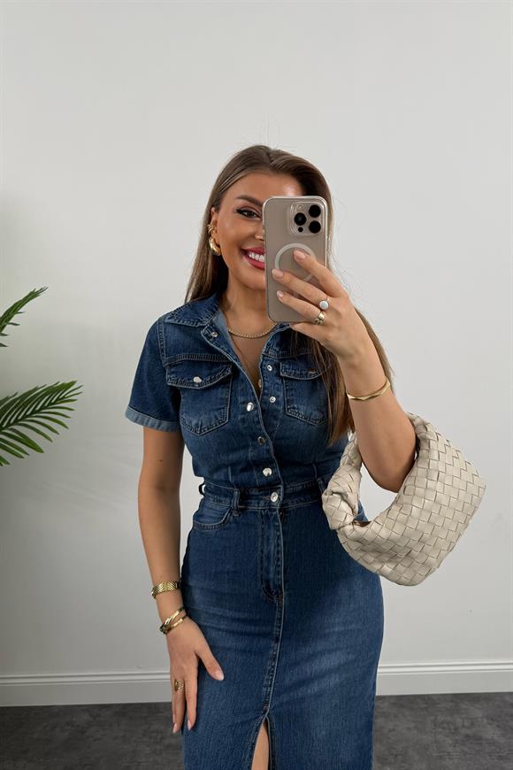 Premium Seri Kısa Kol Midi Boy Jean Elbise