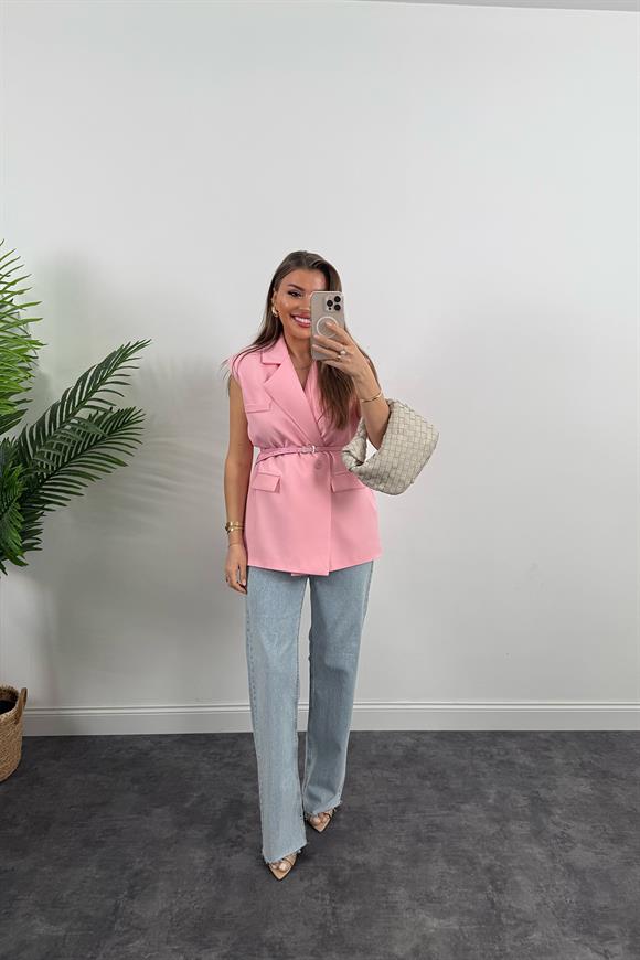 Premium Seri Klasik Kumaş Kemerli Yelek Bebek Pembe