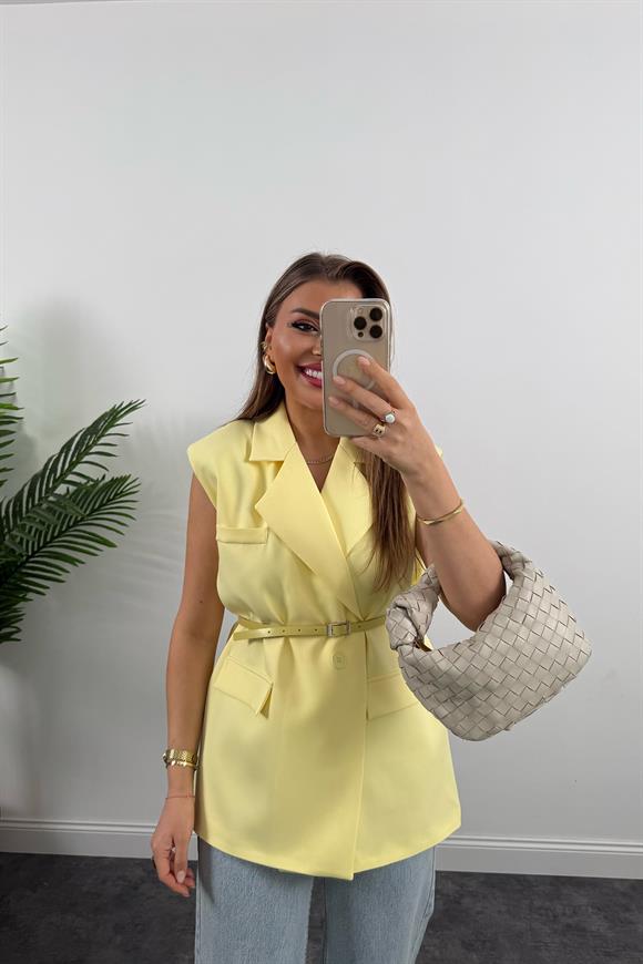 Premium Seri Klasik Kumaş Kemerli Yelek Bebek Sarı