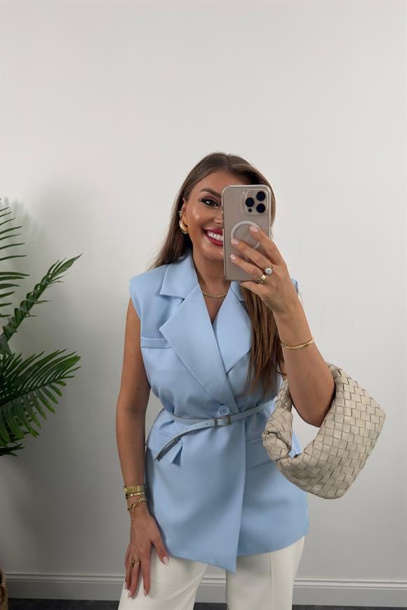 Premium Seri Klasik Kumaş Kemerli Yelek Pastel Mavi