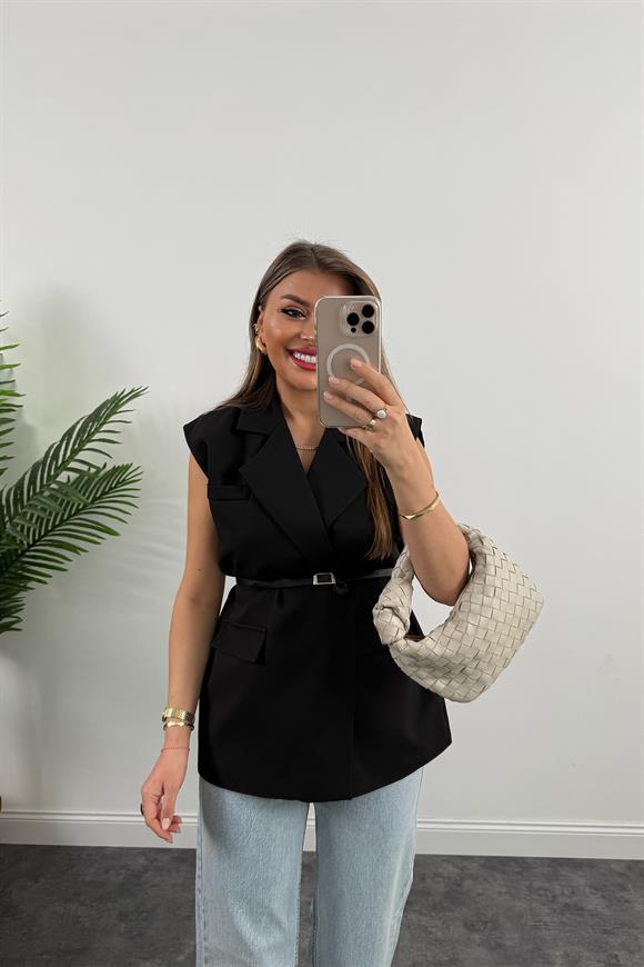 Premium Seri Klasik Kumaş Kemerli Yelek Siyah