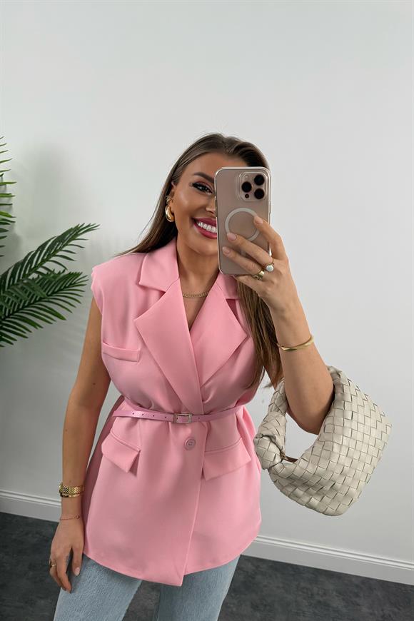 Premium Seri Klasik Kumaş Kemerli Yelek Bebek Pembe