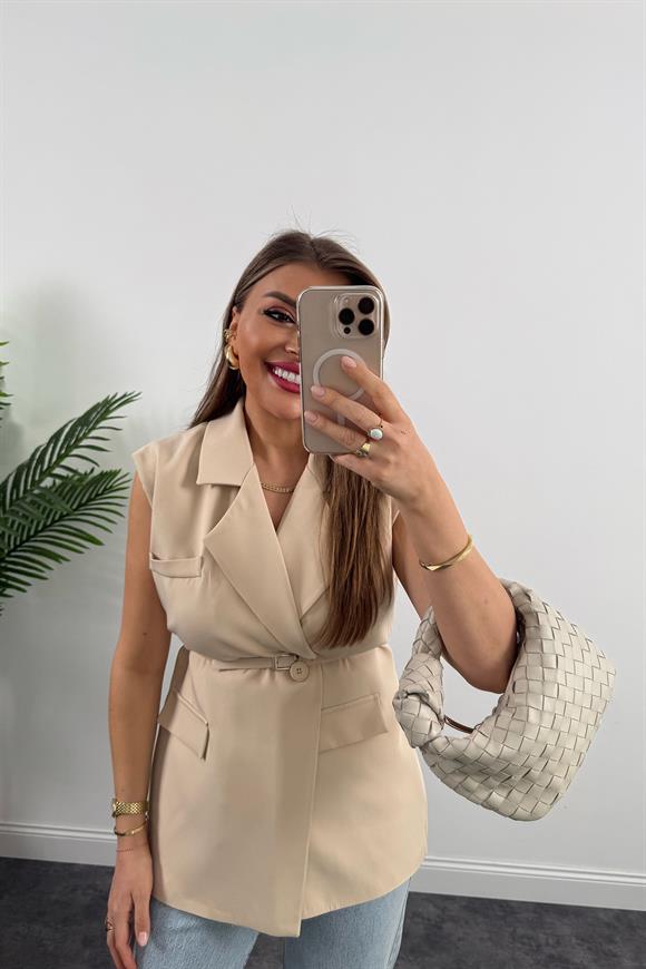 Premium Seri Klasik Kumaş Kemerli Yelek Taş