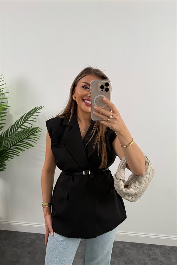 Premium Seri Klasik Kumaş Kemerli Yelek Siyah