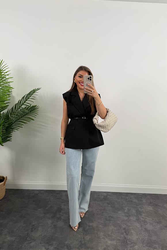 Premium Seri Klasik Kumaş Kemerli Yelek Siyah