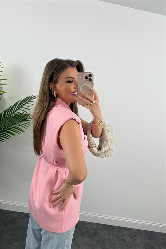 Premium Seri Klasik Kumaş Kemerli Yelek Bebek Pembe
